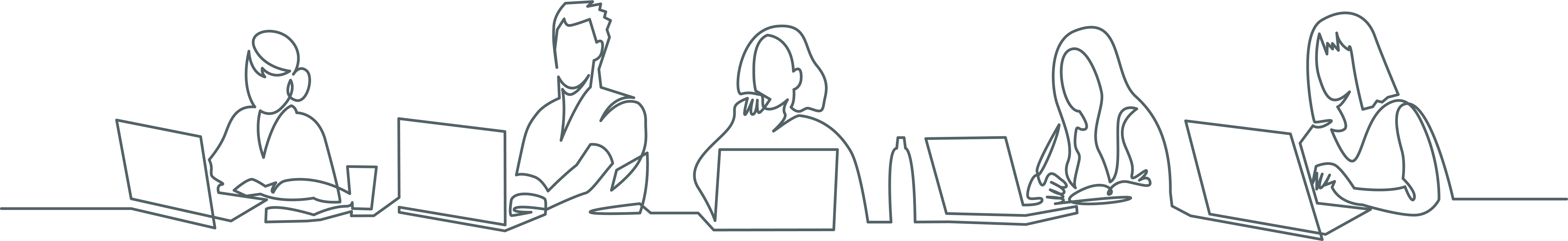 Line drawing of people sitting at laptops